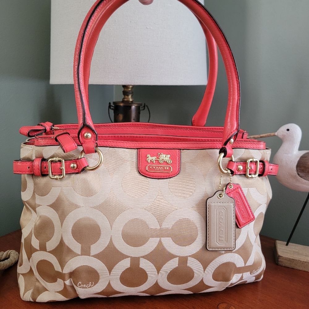 Coach 22344 Madison Kara Carryall Gold Khaki Sateen Leather Satchel Bag